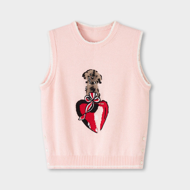 Thom Browne Style Pink Dog and Heart Knit Sweater Vest