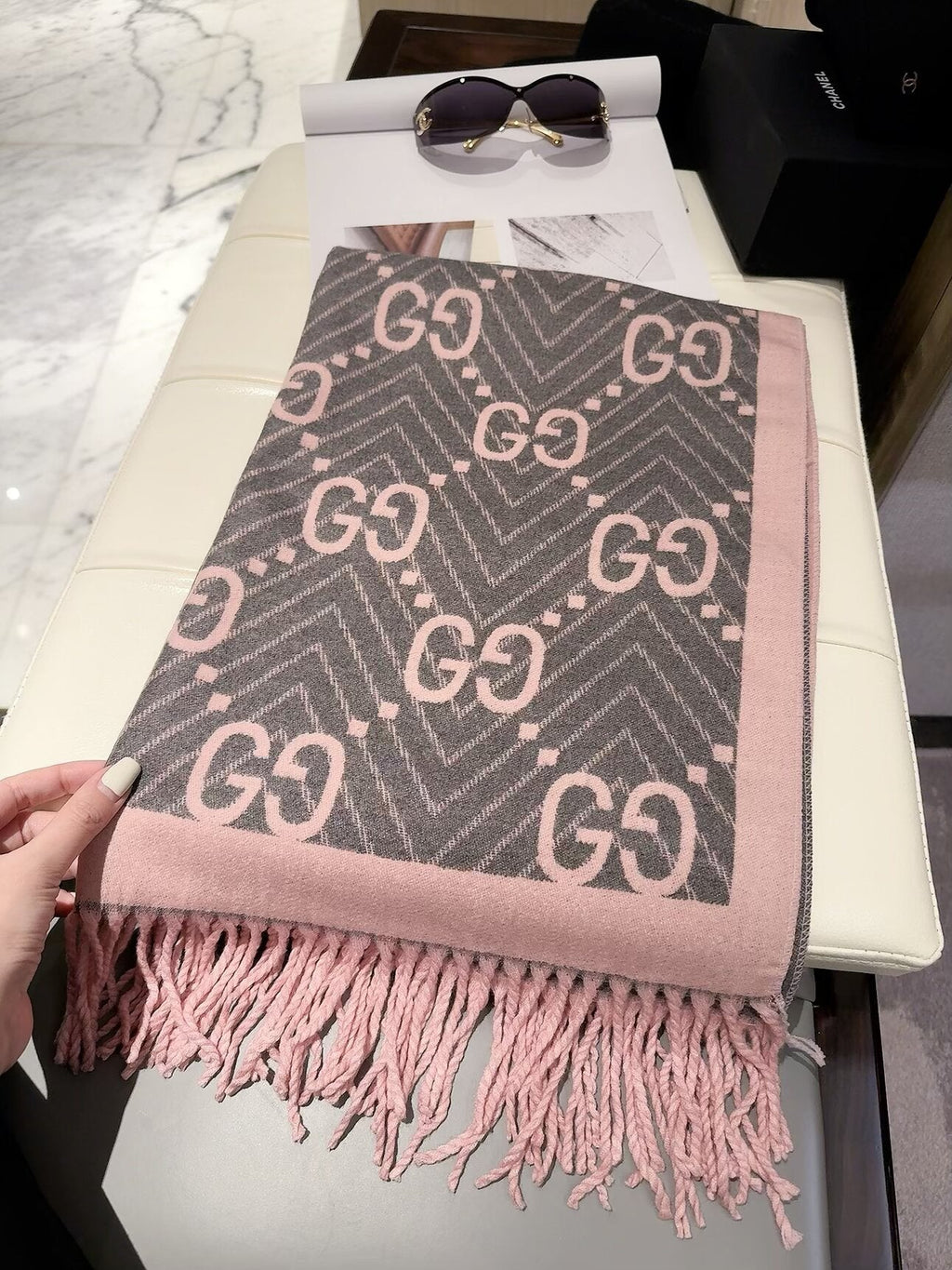 Gucci Style GG Herringbone Fringe Scarf