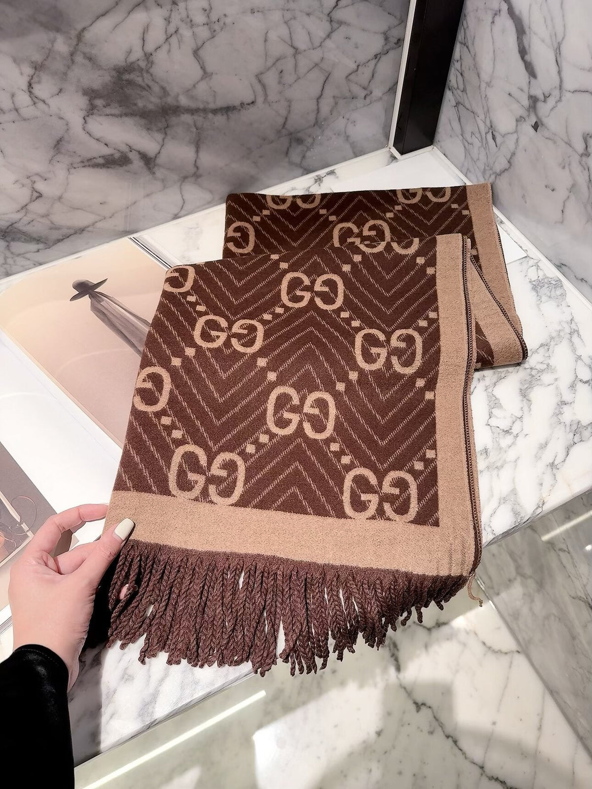 Gucci Style GG Herringbone Fringe Scarf