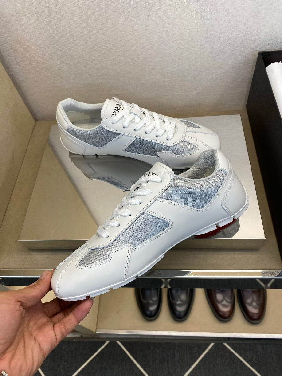 Prada Men's White and Light Gray Low-Top Sneakers
