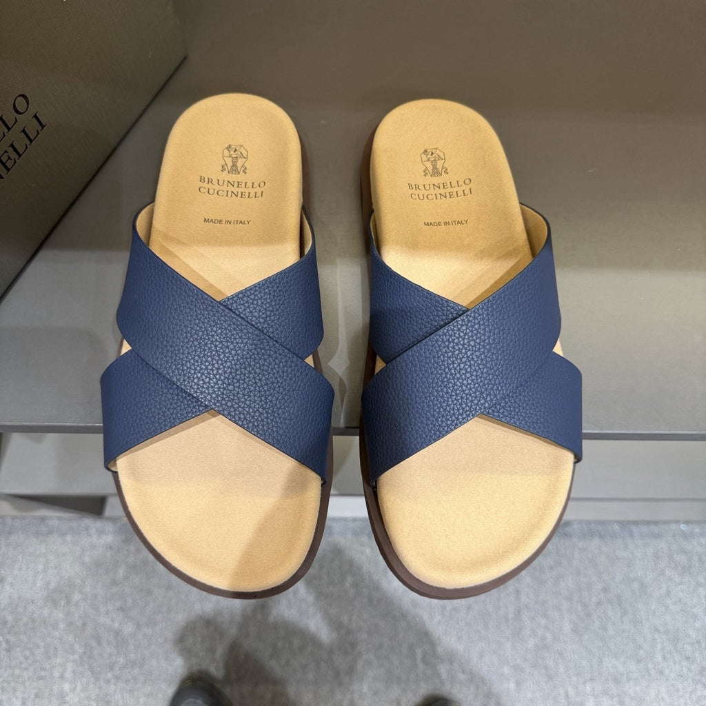 Brunello Cucinelli Men's Cross-Strap Slide Sandals - Contoured Footbed
